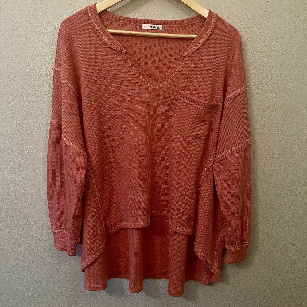 Timing V-neck Thermal Shirt Oversized Waffle Reverse Style Hi-low Orange Size L‎
